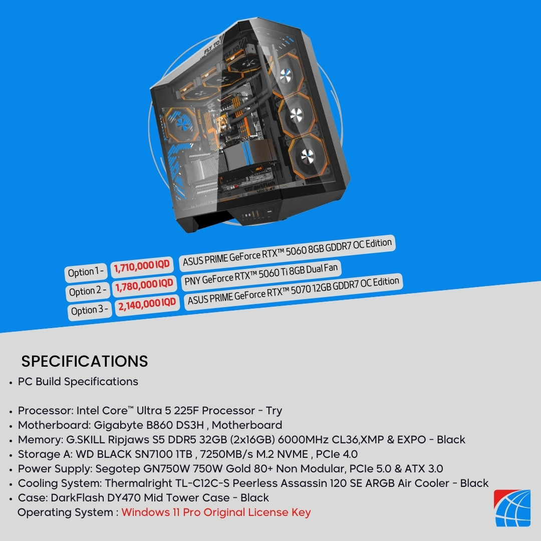 Pc Build Intel Core™ Ultra 5 225F ,RTX™ 5060 8GB , RTX™ 5060 Ti 8GB,  RTX™ 5070 12GB