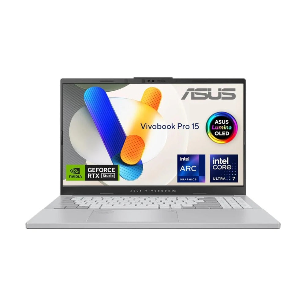 ASUS Vivobook Pro 15 N6506MU-MA029، Intel Core Ultra 7-155H، ذاكرة وصول عشوائي 16 جيجابايت، قرص SSD سعة 1 تيرابايت، NVIDIA RTX 4050 6 جيجابايت، شاشة OLED WQXGA 120 هرتز، لون فضي رائع