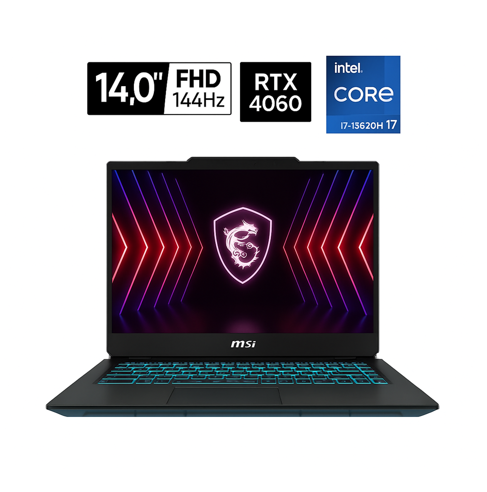 MSI Cyborg 14 A13VF-018US، Intel Core i7-13620H، ذاكرة وصول عشوائي (RAM) سعة 16 جيجابايت، قرص SSD سعة 512 جيجابايت، بطاقة رسومات NVIDIA RTX 4060 سعة 8 جيجابايت، شاشة 14.0 بوصة WUXGA IPS بتردد 144 هرتز، لون أسود شفاف