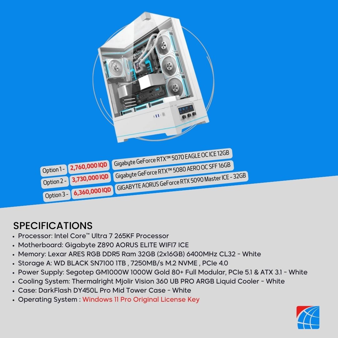 Pc Build Intel Core ™ Ultra 7 265KF Processor, RTX™ 5070 12GB , RTX™ 5080 16GB WHITE