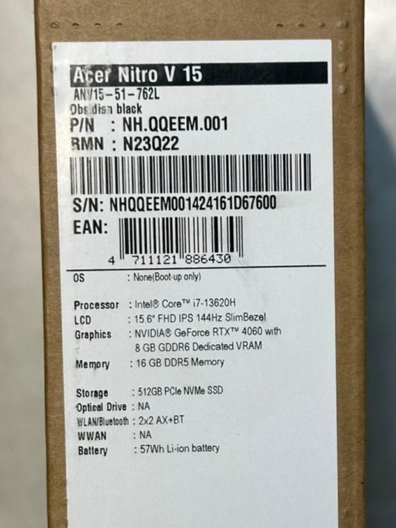 Acer Nitro V15 ANV15-51-79G2, Intel Core i7-13620H, RAM 16GB, 512GB SSD, NVIDIA RTX 4060 8GB, 15.6 FHD IPS 144Hz, Obsidian Black