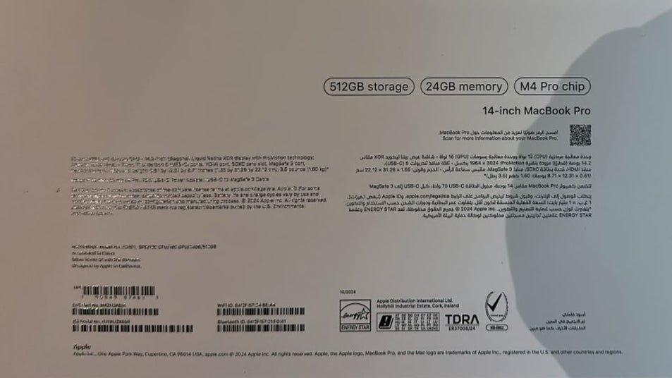 Apple MacBook Pro MX2H3AB/A - A3401, Apple M4 Pro (12 Core), RAM 24GB, SSD 512GB, GPU (16‑core), 14.2 Inch (3024x1964) Liquid Retina XDR Screen, Space Black