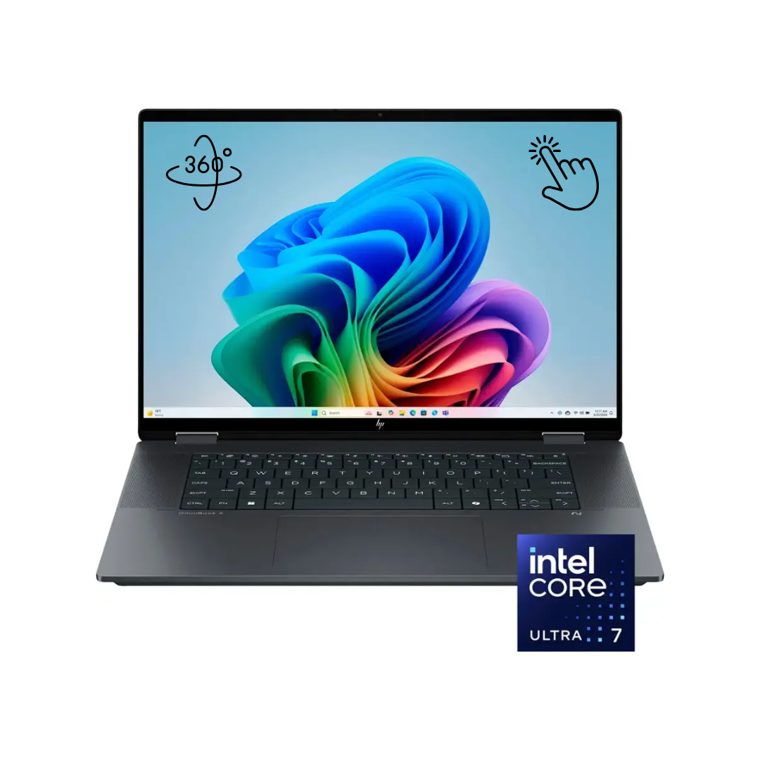 HP OmniBook X Flip 16-AS0023DX، معالج Intel Core Ultra 7-256V، ذاكرة وصول عشوائي (RAM) سعة 16 جيجابايت، قرص SSD سعة 1 تيرابايت، معالج Intel Arc 140V، شاشة 16.0 بوصة IPS WUXGA FHD+ تعمل باللمس، لون رمادي Eclipse