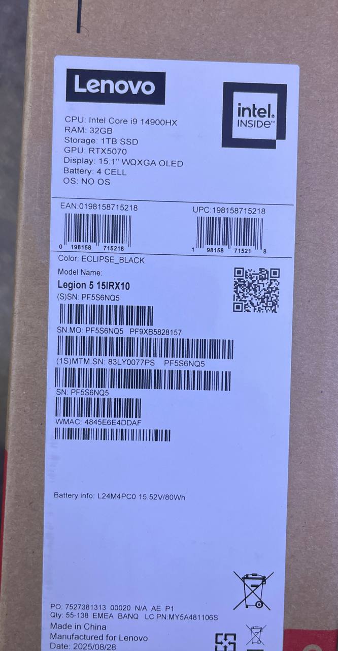 Lenovo Legion 5 15IRX10 - (77PS), Intel® Core i9-14900HX, RAM 32GB, SSD 1TB, NVIDIA RTX 5070 8GB, 15.1 2K WQXGA OLED 165Hz, Eclipse Black