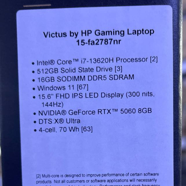 HP Victus 15-FA2787NR, Intel Core i7-13620H, RAM 16GB, 512GB SSD, NVIDIA Geforce 5060 8GB, 15.6 FHD IPS 144Hz, Silver