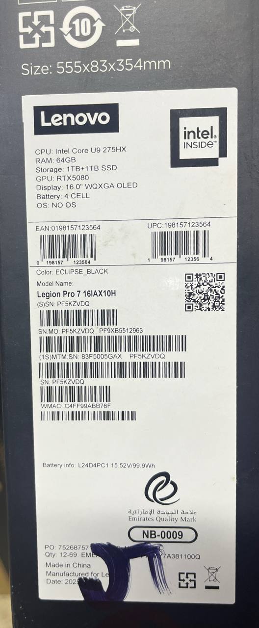 لينوفو ليجن برو 7 16IAX10H - (5GAX)، معالج إنتل كور ألترا 9-275HX، ذاكرة وصول عشوائي 64 جيجابايت، قرص صلب SSD سعة 2 تيرابايت، بطاقة رسومات إنفيديا جي فورس 5080 سعة 16 جيجابايت، شاشة 16.0 بوصة WQXGA OLED بتردد 240 هرتز، لون أسود إكليبس