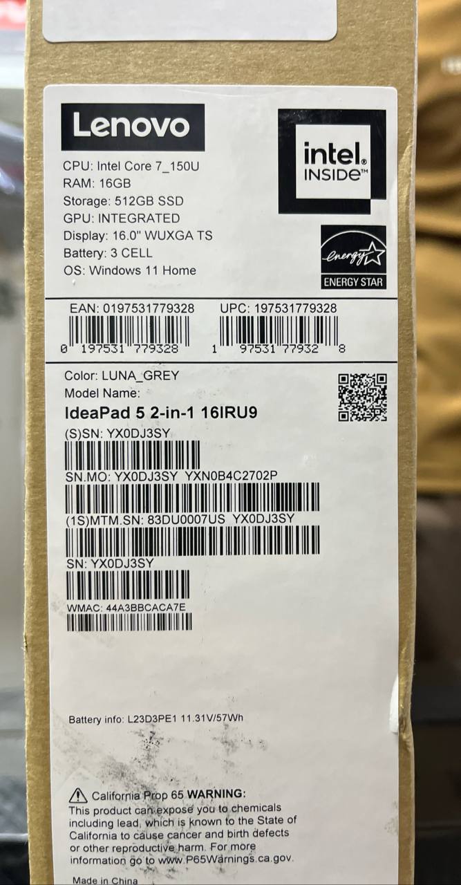 لينوفو ايديا باد 5 16IRU9 -(07US)، انتل كور 7-150U، رام 16 جيجابايت، قرص صلب SSD 512 جيجابايت، معالج رسومات انتل، شاشة 16.0 بوصة WUXGA IPS تعمل باللمس، لونا جراي