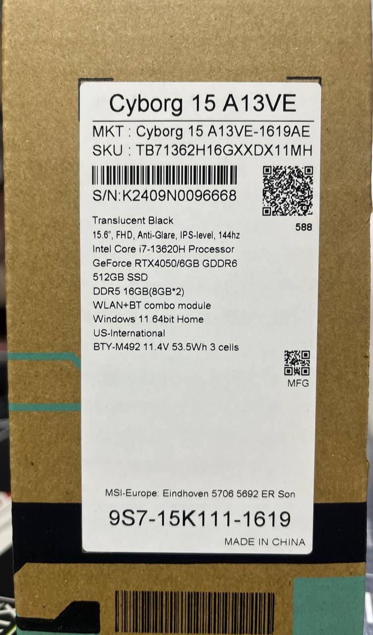 MSI Cyborg 15 A13VE-1290XAE، Intel Core i7-13620H، ذاكرة وصول عشوائي (RAM) سعة 16 جيجابايت، قرص SSD سعة 512 جيجابايت، بطاقة رسومات RTX 4050 سعة 6 جيجابايت، شاشة 15.6 بوصة FHD IPS بتردد 144 هرتز، لون أسود شفاف