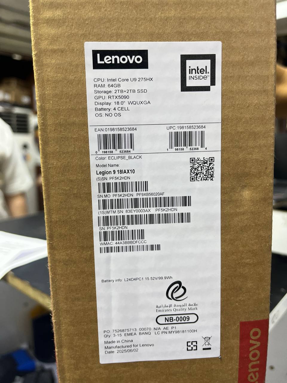 Lenovo Legion 9 18IAX10 - (03AX), Intel Core Ultra 9-275HX, RAM 64GB, SSD 4TB, NVIDIA GeForce RTX 5090 24GB, 18.0 Inch WQUXGA (3840x2400) IPS 240Hz, Eclipse Black