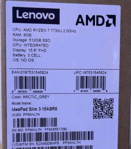 Lenovo IdeaPad Slim 3 15ABR8 - (BNPS), AMD Ryzen 7 7730U, RAM 8GB, 512GB SSD NVMe, AMD Radeon Graphics, 15.6 Inch FHD, Arctic Grey