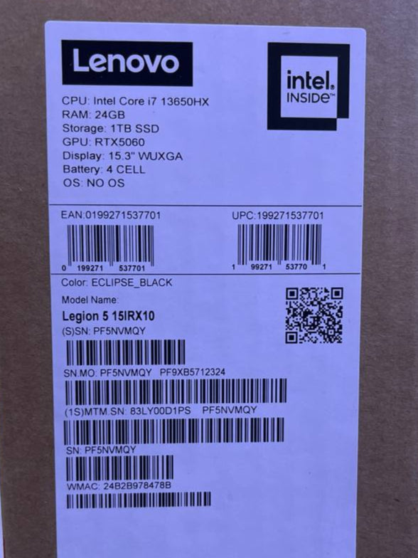 Lenovo Legion 5 15IRX10 - (D1PS), Intel Core i7-13650HX, RAM 24GB, SSD 1TB, NVIDIA RTX 5060 8GB, 15.3 WUXGA 165Hz, Eclipse Black