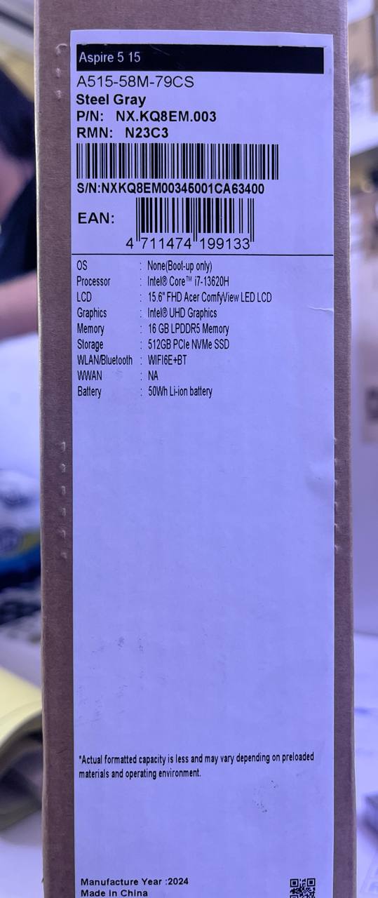 ايسر اسباير 5 A515-58M-79CS، انتل كور i7-13620H، رام 16 جيجابايت، قرص صلب SSD 512 جيجابايت، انتل UHD جرافيكس، شاشة 16.0 بوصة WUXGA، رمادي معدني 