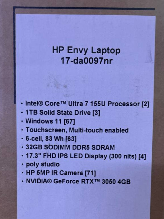 HP Envy 17T-DA0097NR, Intel Ultra 7-155U, RAM 32GB, 1TB SSD, NVIDIA GeForce RTX 3050 4GB, 17.3 Touch FHD IPS, Glacier silver