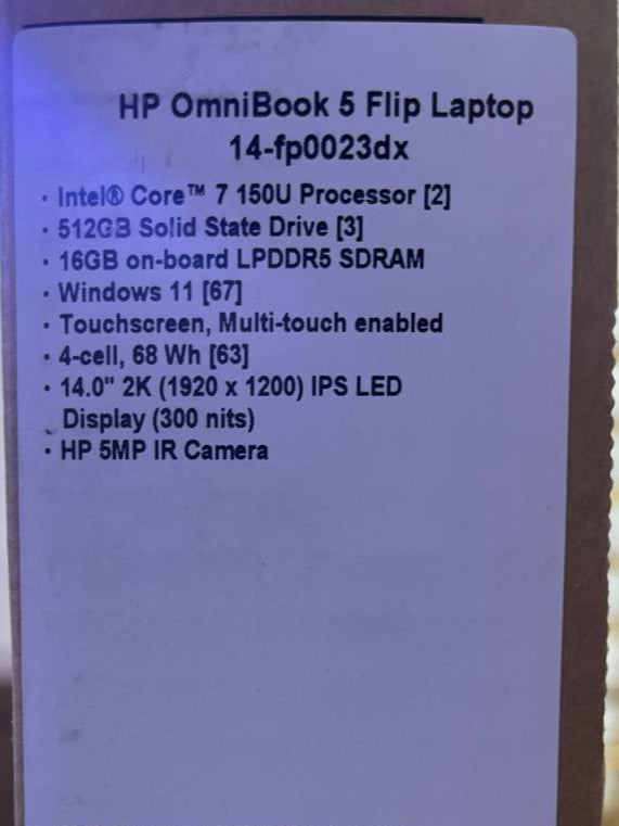 HP OmniBook 5 Flip 14-FP0023DX, Intel Core 7-150U, RAM 16GB, SSD 512GB, Intel® Graphics, 14.0 Inch WUXGA FHD+ IPS Touch, Glacier Silver