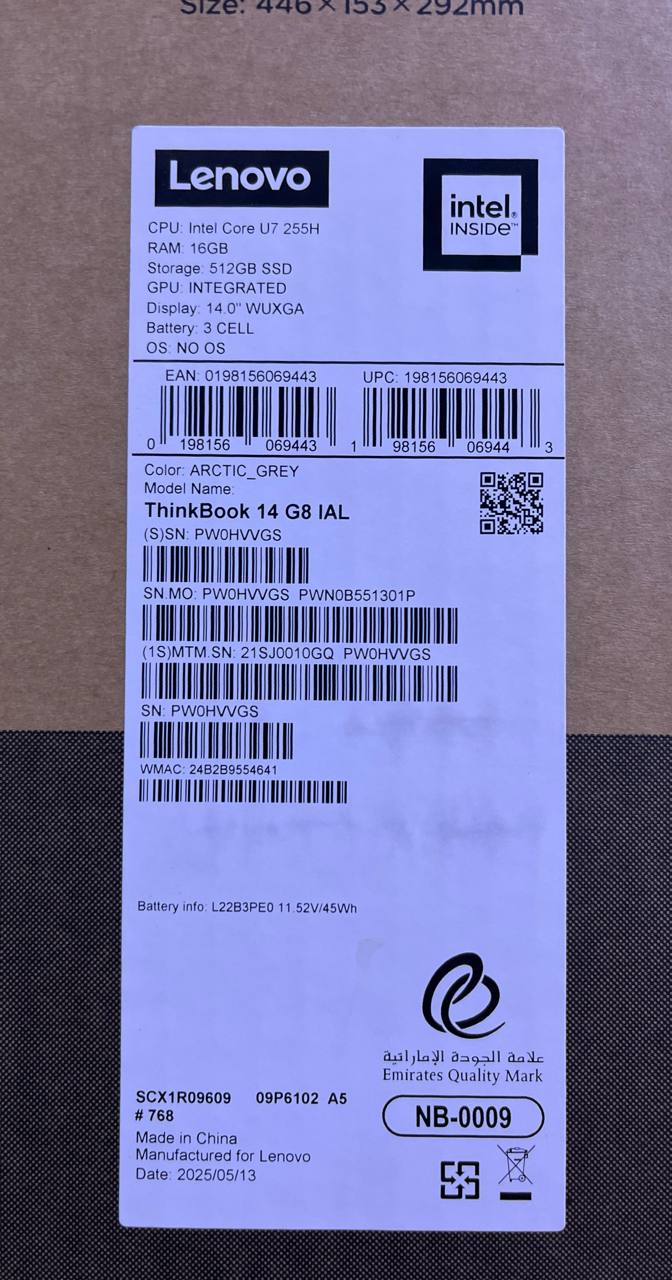 Lenovo ThinkBook 14 G8 IAL - (10GQ), Intel Core Ultra 7-255H, RAM 16GB, SSD 512GB, Intel Graphics, 14.0 Inch IPS WUXGA 60Hz, Arctic Grey