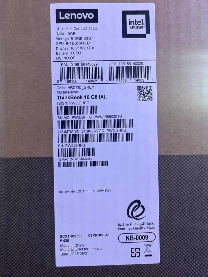 Lenovo ThinkBook 16 G8 IAL - (27GQ), Intel Core Ultra 5-225U, RAM 16GB, SSD 512GB, Intel Graphics, 16.0 Inch IPS WUXGA 60Hz, Arctic Grey