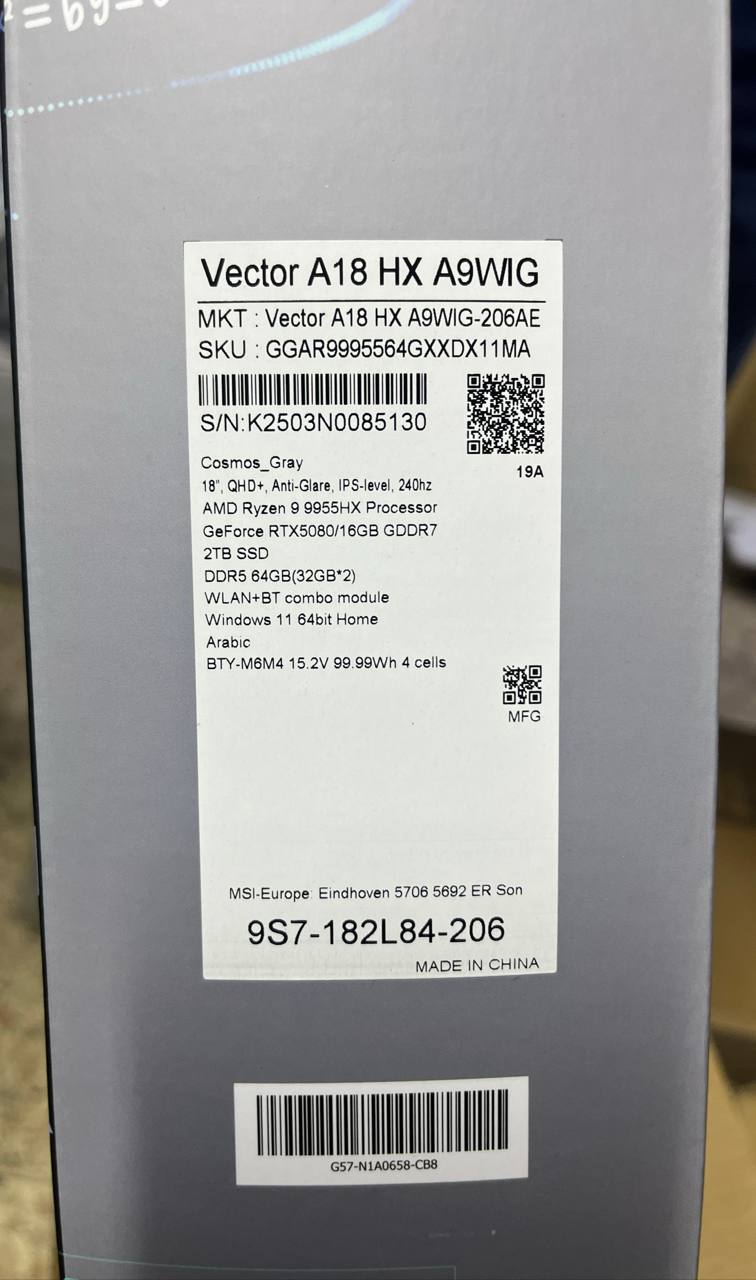 MSI Vector A18 HX A9WIG-206AE، معالج Ryzen 9-9955HX، ذاكرة وصول عشوائي (RAM) سعة 64 جيجابايت، قرص SSD سعة 2 تيرابايت، بطاقة رسومات NVIDIA Geforce RTX 5080 سعة 16 جيجابايت، شاشة 18.0 بوصة بدقة QHD+ وتردد 240 هرتز، لون رمادي كوزموس