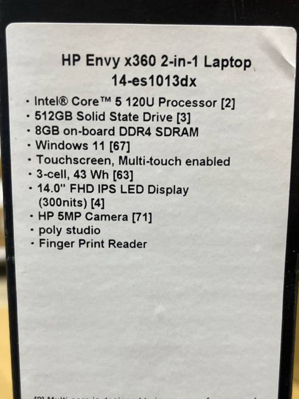 HP Envy 14-ES1013DX، Intel Core 5-120U، ذاكرة وصول عشوائي (RAM) سعة 8 جيجابايت، قرص SSD سعة 512 جيجابايت، معالج رسومات Intel®، شاشة 14.0 بوصة IPS Touch x360، لون فضي