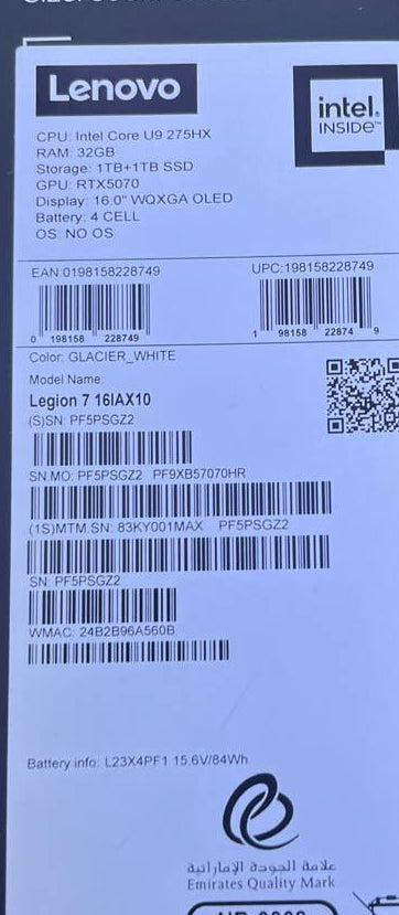 Lenovo Legion 7 16IAX10 - (1MAX), Intel Core Ultra 9-275HX, RAM 32GB, SSD 2TB, NVIDIA RTX 5070 8GB, 16.0 Inch WQXGA OLED 240Hz, Glacier White