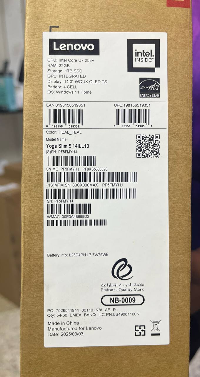 لينوفو يوجا سليم 9 - 14ILL10 - (0MAX)، معالج إنتل كور ألترا 7-258V، ذاكرة وصول عشوائي 32 جيجابايت، قرص صلب 1 تيرابايت، شاشة لمس 4K WQUXGA (3840x2400) OLED 120 هرتز، لون تيدال تيل
