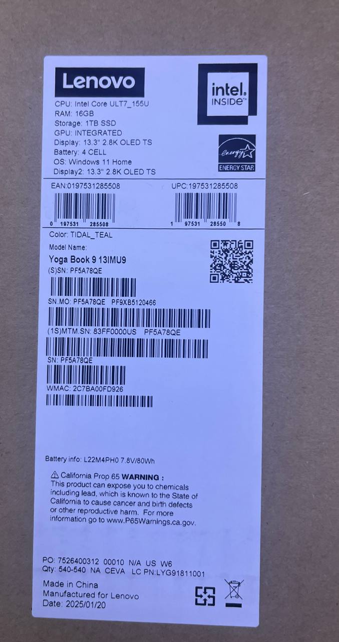 Lenovo Yoga 9 13IMU9 - (109870), Intel Core Ultra 7-155U, RAM 16GB, SSD 1TB, Intel® Graphics, 13.3" 2.8K WQXGA+ Touch OLED, Tidal Teal