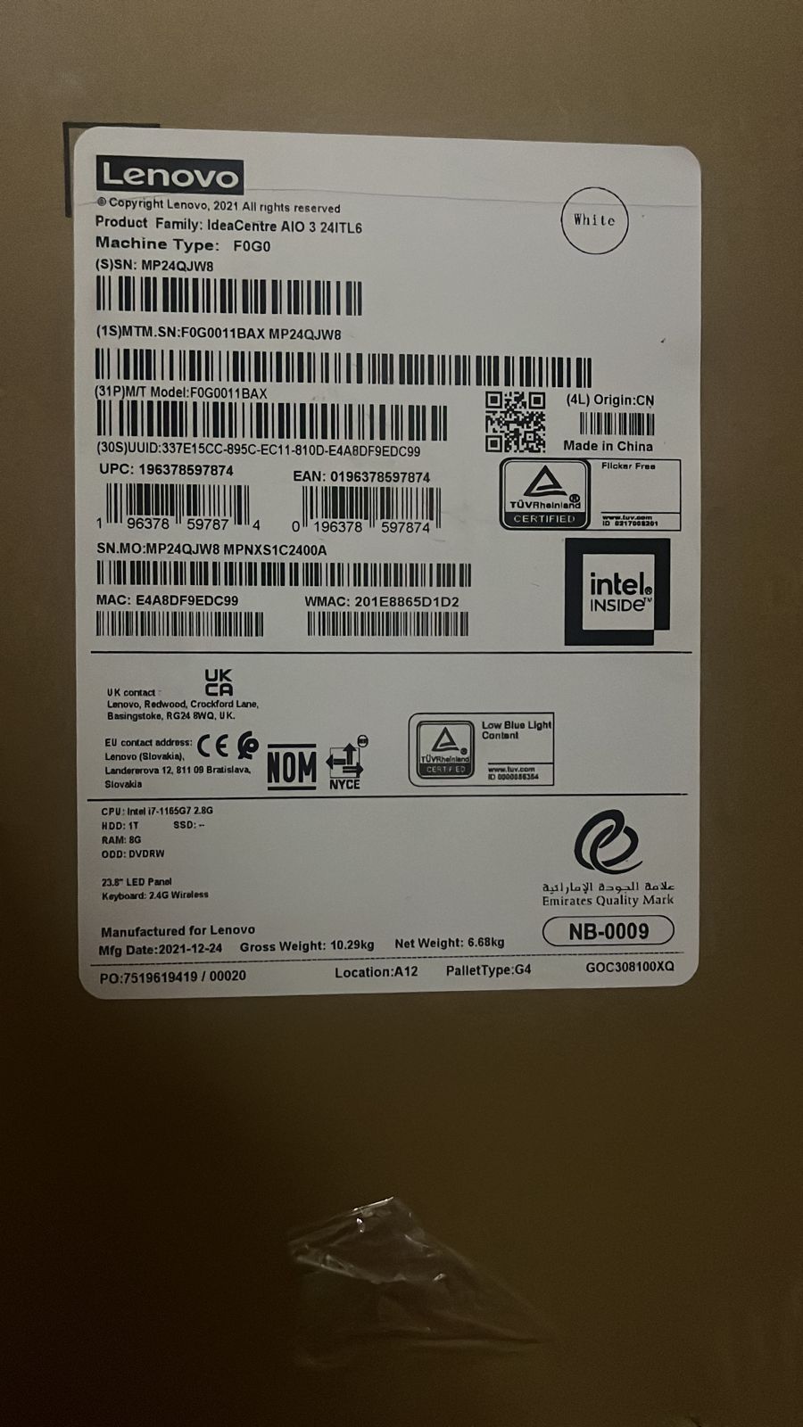 All-in-one Lenovo Ideacentre AIO 3 24ITL6, Core i7-1165G7 -11 Gen, RAM 8GB, 1TB HDD, Nvidia MX450 2GB, 24 Inch FHD ips, White